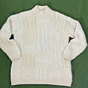 Jones New York Sport 90s Hand Knit Wool Mohair Patchwork Cable Knit Sweater Sz S